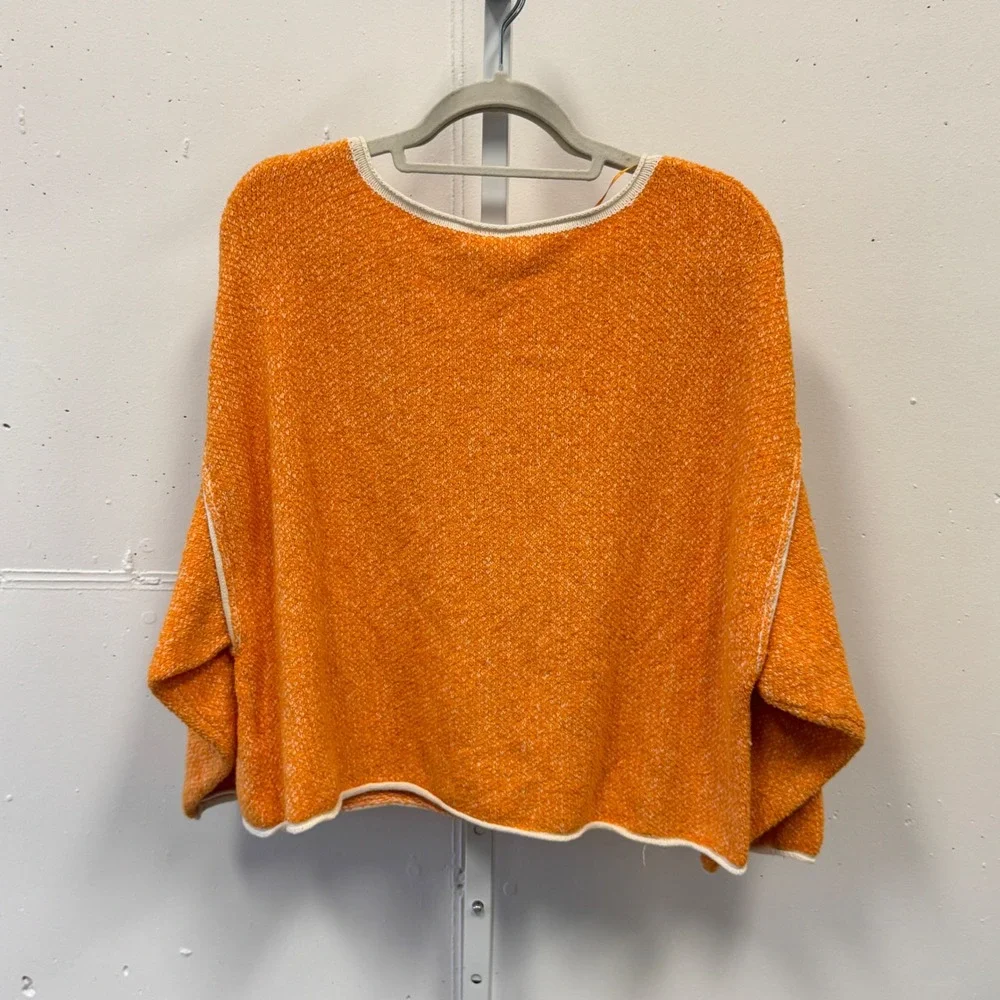 Free People Bardot Cropped Orange Textured Knit Boat Neck Long Sleeve Sweater XS